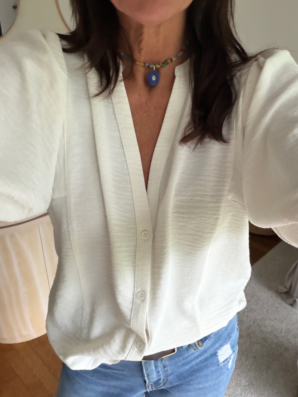 Brochu Walker White Button-Front V-Neck Puff Sleeve Top